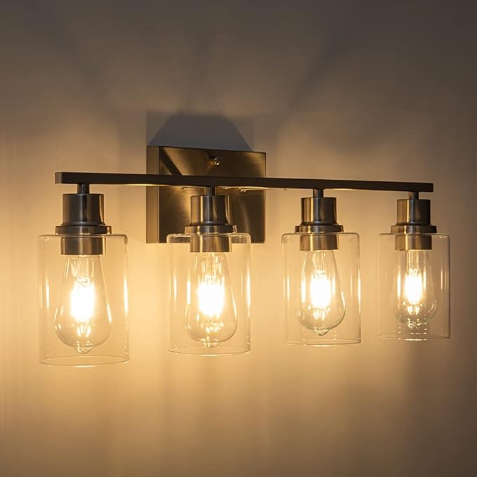 EMONG Brushed Nickel Bathroom Light Fixtures, 4-Light Vanity Lights with Clear Glass Shade, Wall Sconces for Hallway, Farmhouse, Living Room, Kitchen