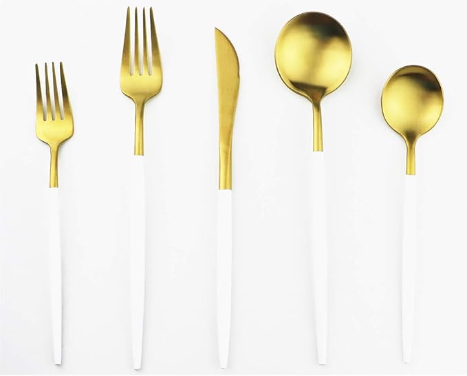 Gugrida White Gold Flatware, Royal 20 Piece Matte White Handle 18/10 Stainless Steel Tableware Sets for 4 Including Forks Spoons Knives, Camping Silverware Travel Utensils Set Cutlery (White Gold)