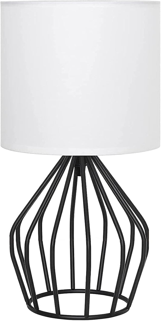 HAITRAL Modern Bedside Table Lamp - Minimalist Small Lamp with Hollowed Out Base Linen Fabric Shade,Metal Nightstand Lamp for Bedroom Living Room Side Table Desk Kids Room- Black/White