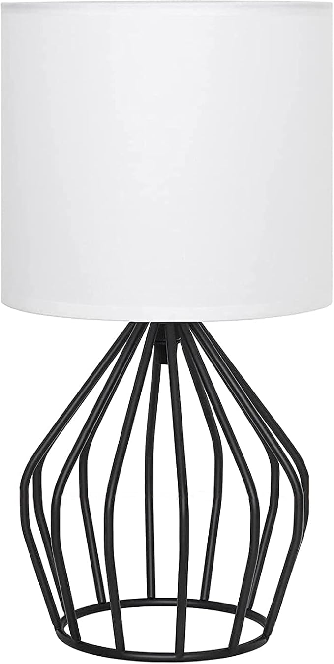 HAITRAL Modern Bedside Table Lamp - Minimalist Small Lamp with Hollowed Out Base Linen Fabric Shade,Metal Nightstand Lamp for Bedroom Living Room Side Table Desk Kids Room- Black/White