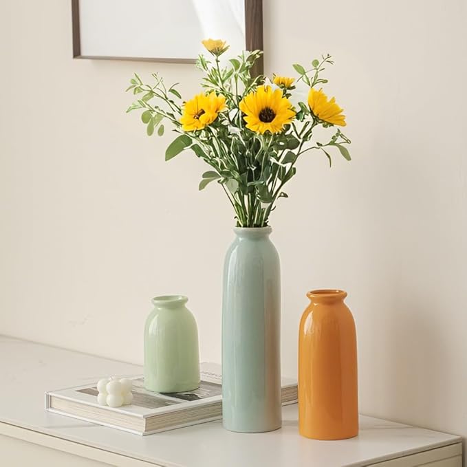 10.4 inches Tall Decorative Ceramic Vase Set, 3 Pieces, Nordic Modern Boho Style, White, for Home Decor (Colorful)