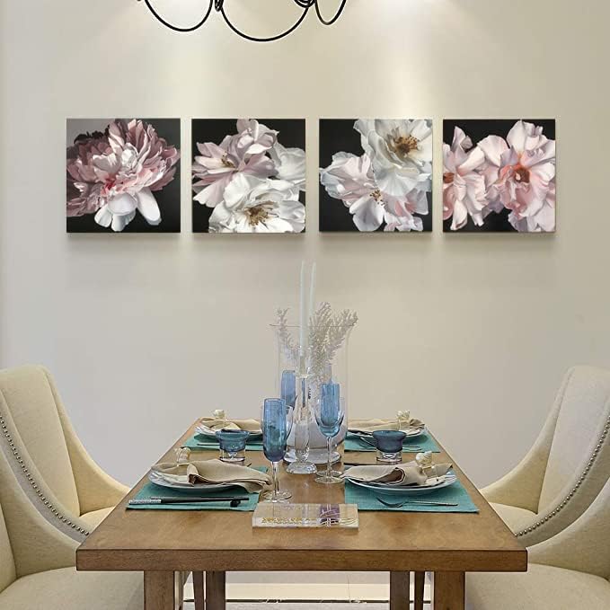 Yxbhhym Floral Canvas Wall Art White Flowers Wall Picturs Prints Pink Florals Artwork for Wall Dรฉcor Painting Poster for Bathroom Art Living Room Decor-Framed Wall Art -12x12inches x 4 pcs