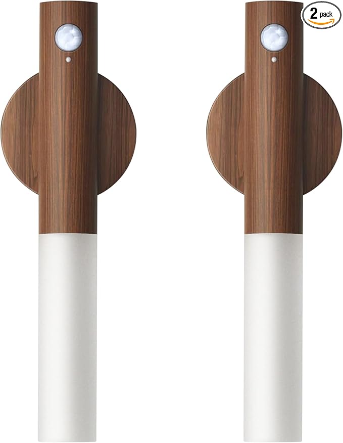 Wooden Motion Sensor Lights Indoor - Magnet Body Hallway Rechargeable LED Wireless Battery Operated Wall Sconce, Portable Decor Torch Night Lighting for Bedroom (Walnut Wood 2PCS)