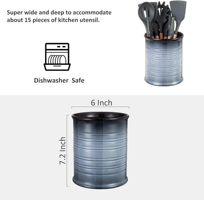 Nihow Kitchen Utensil Holder: 7.2 Inch Extra Large Ceramic Utensil Holder for Countertop - Stable Utensil Crock for Kitchen Counter Decor - Elegant Gray (1PC)
