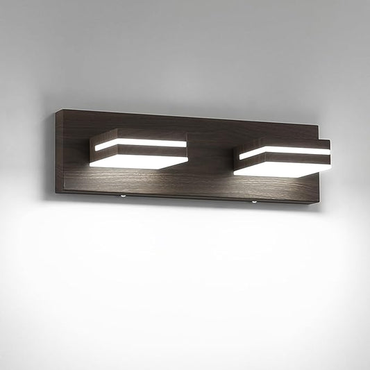 SineRise LED Modern Bathroom Vanity Light Fixtures (2-Light, 15.5-Inch), Brown Wood Painted Modern Acrylic Bathroom Wall Lighting Fixtures Over Mirror (Cool White 6000K)