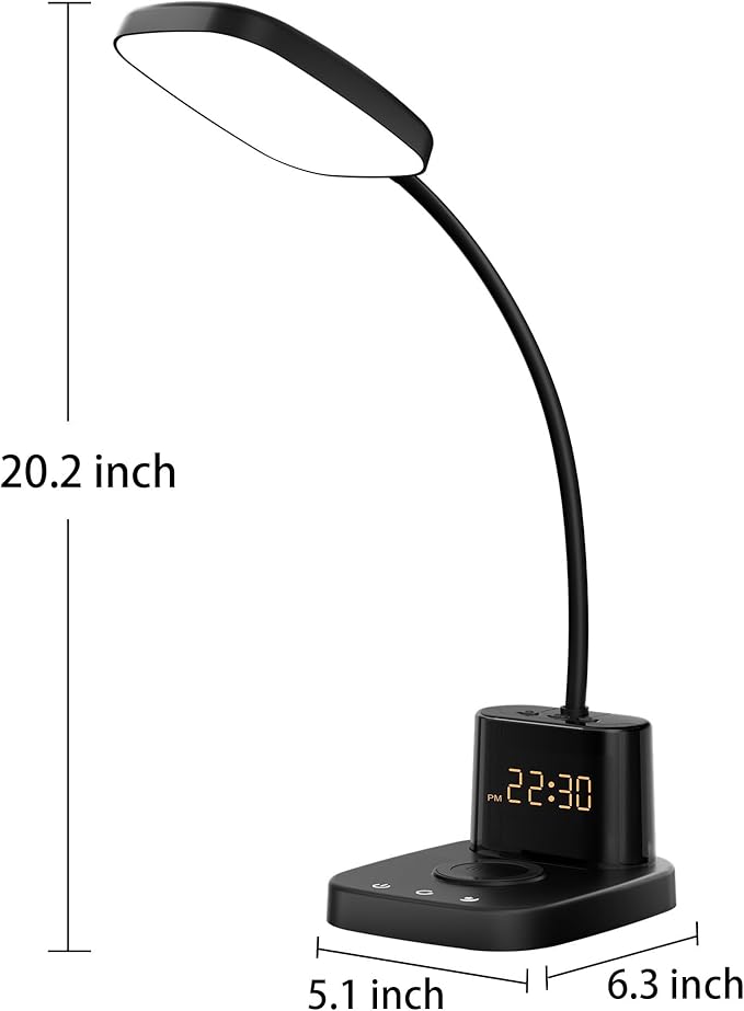 Sailstar Desk Lamp, Bedside Table Lamps with Wireless Charger and Clock, 30Mins Auto-Off Night Light Lamp, 3 Color Modes Dimmable Touch 800LM CRI 95, LED Desk Lamps for Home Office, Adapter Included