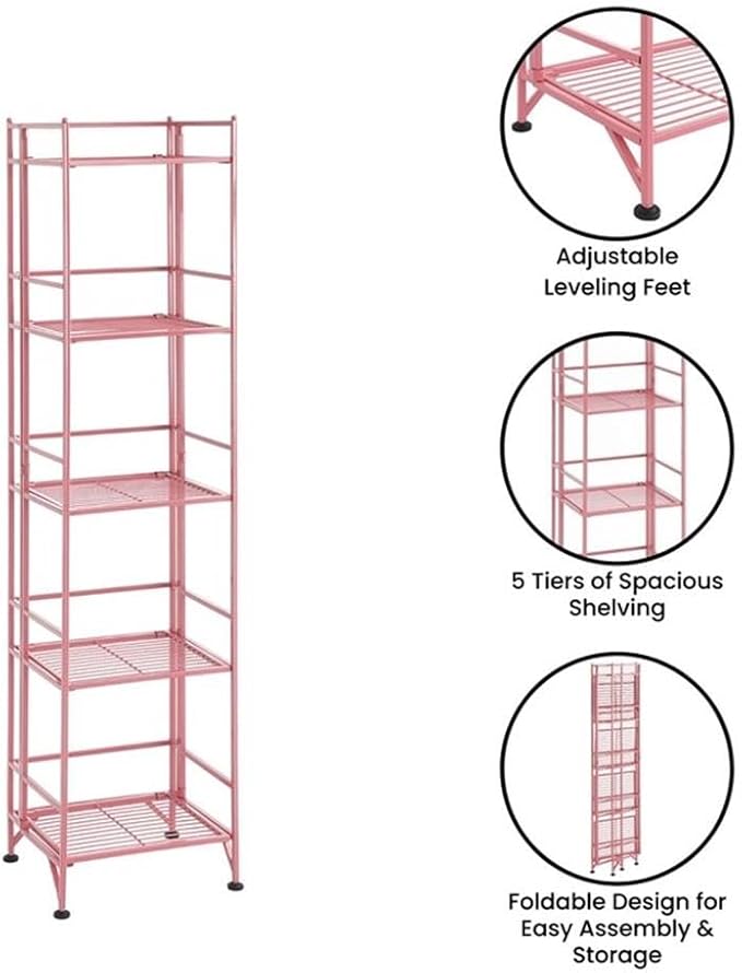 Convenience Concepts Xtra Storage Shelves - 5-Tier Folding Metal Storage Shelves, Closet Organizer for Office, Laundry Room, Bedroom, Garage, Kitchen, Bathroom, Pink
