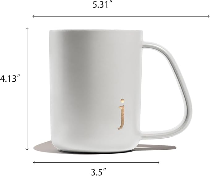 COLLECTIVE HOME - Ergonomic Handle Ceramic Mug, 15 oz Personalized Coffee Cup with Golden Initial, Microwave & Dishwasher Safe, Elegant Monogram Tea Mug in Gift Box for Home & Office (White-j)