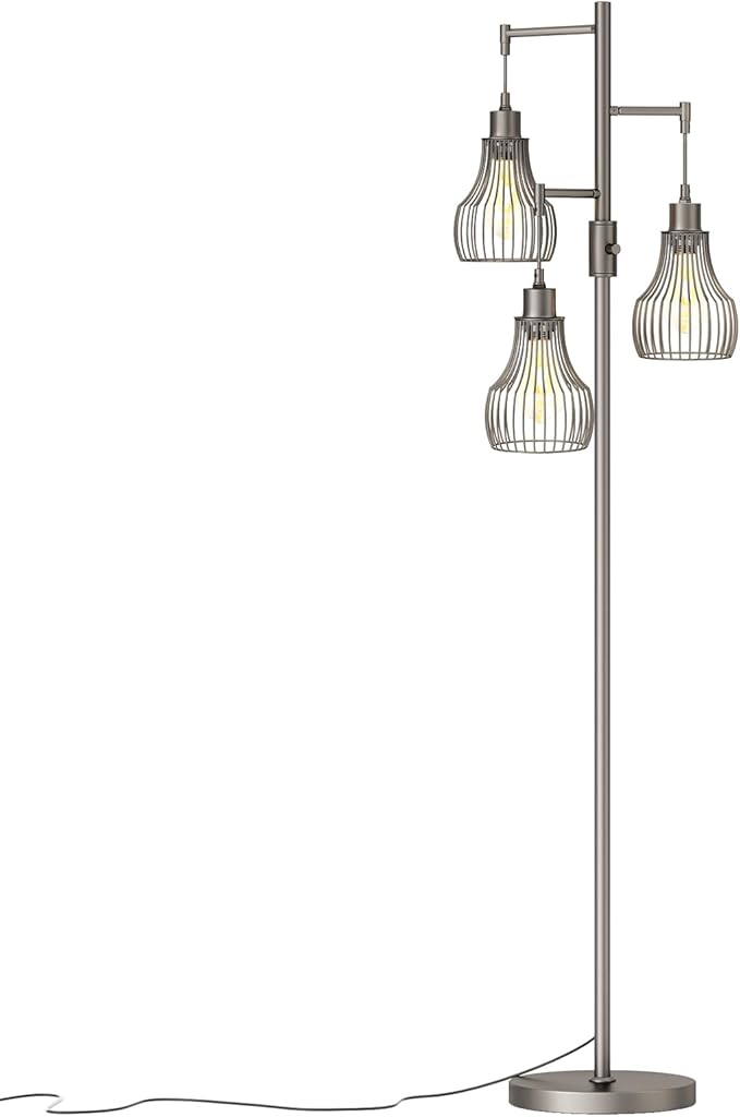 Dimmable Floor Lamps for Living Room, Industrial Tree Standing Tall Lamps with 3 Elegant Cage Shade for Bedroom Office - Grey