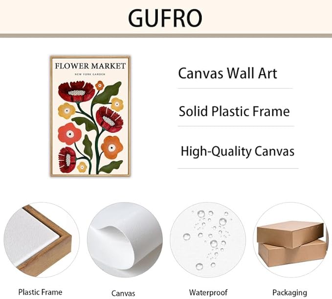 Gufro Framed Vintage Flower Market Canvas Wall Art - Botanical Prints for Living Room Bedroom Decoration - 12''x16'' Natural Framed
