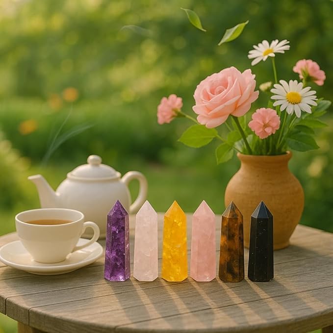 Healing Crystal Wand Set of 6 Orgonite with 3.5” Amethyst, Tigers Eye, Rose Quartz, Black Tourmaline Stone, Citrine Crystal, Clear Quartz, Crystals and Healing Stones Plus Black Tourmaline Necklace