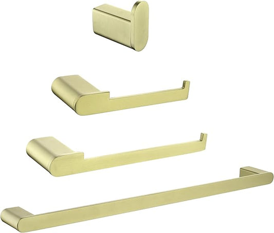 SHAMANDA Bathroom Hardware Set, 4-Piece Bath Accessory Towel Rack Set Brushed Gold Wall Mount Includes 24 Inch Towel Bar, Towel Robe Hook, Toilet Roll Paper Holder, Hand Tower Holder, BAS101-3