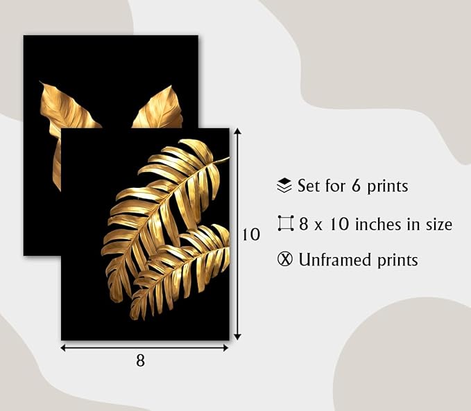 Gold Leaf Art Prints Modern Black Gold Botanical Tropical Plant Leaves Canvas Wall Art Prints,Foliage Inspirational Quotes Art for Bedroom Room Home Decor Set of 6(8"X10"Unframed)