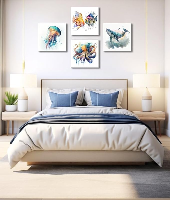 Colorful Marine Life Canvas Wall Art for Bathroom Decor, Green Jellyfish Picture Print, Watercolor Fish Artwork Sea Life Blue Orange Octopus Painting Poster for Bedroom Living Room Decoration 16"x16"