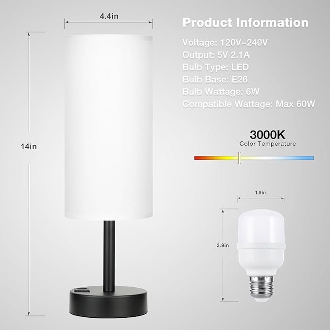 Bedside Touch Table Lamps for Bedroom Nightstand with USB-C USB-A Charging Ports White, 3 Way Dimmable Small Lamp Fabric Shade Black Base for Office, Living Room, Dorm Room Reading