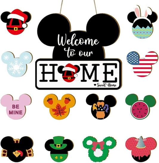 Interchangeable Welcome Sign for Front Door, Interchangeable Welcome to Our Home Signs Farmhouse Porch Plaques Housewarming Gift for Holiday Christmas Valentine's Day Home Decor(Black)