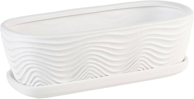 MyGift 13.5 inch Succulent Planter Pot, Oval Modern Ceramic Plant Box Container with Wave Textured Pattern and Removable Saucer Drip Tray (White)