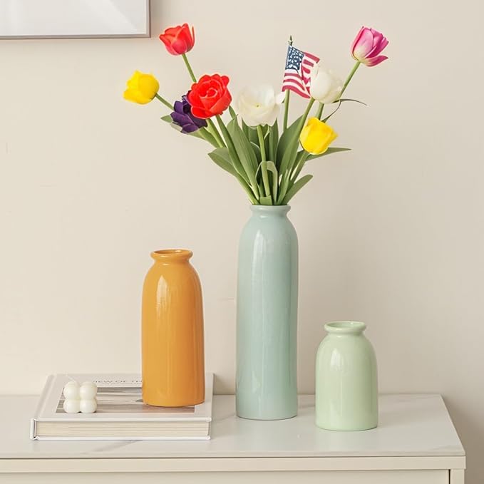 10.4 inches Tall Decorative Ceramic Vase Set, 3 Pieces, Nordic Modern Boho Style, White, for Home Decor (Colorful)