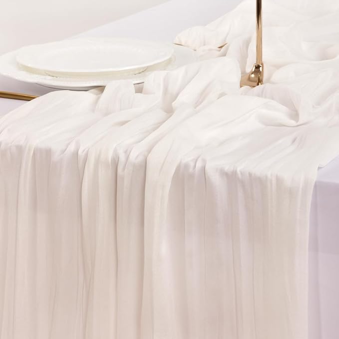 Socomi 10pcs Ivory White Cheesecloth Table Runner Boho Rustic Gauze 120 inch 10FT Cheese Cloth Runner for Wedding Party Baby Shower Birthday Home Decor Holiday Decorations
