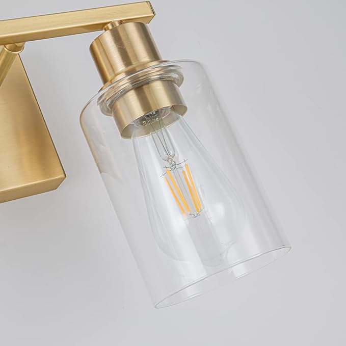EMONG Gold Bathroom Light Fixtures, 2-Lights Brushed Brass Vanity Light with Clear Glass Shade, Modern Wall Sconces for Hallway, Farmhouse, Living Room