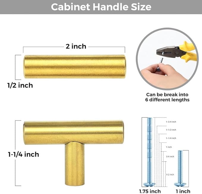 3 Pack Brushed Brass Cabinet Knobs - Kitchen Cabinet Knobs Gold Cabinet Pulls for Kitchen Cabinet Drawer Stainless Steel Dresser Knobs for Cabinet Hardware 2in Length Single Hole T Bar