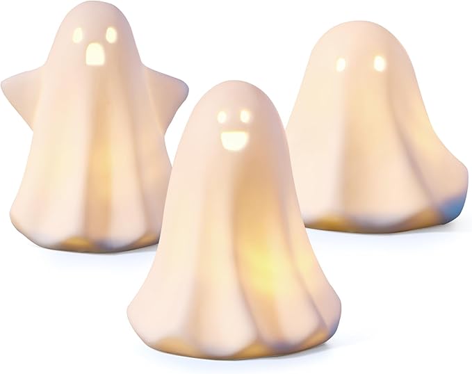Ceramic Ghosts Small White Ghost Figurine, 3PCS Light Up Ghost Decor, Small LED Ghost Halloween Decor Spooky Sculptures for Indoor Halloween Party Tabletop Home Shelf Decoration