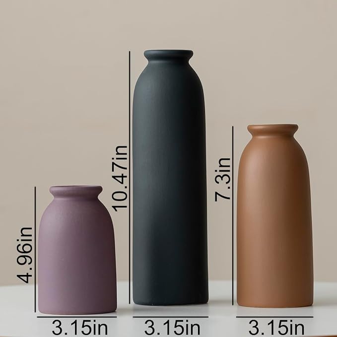 10.4 inches Tall Decorative Ceramic Vase Set, 3 Pieces, Nordic Modern Boho Style, White, for Home Decor (Black Mix)