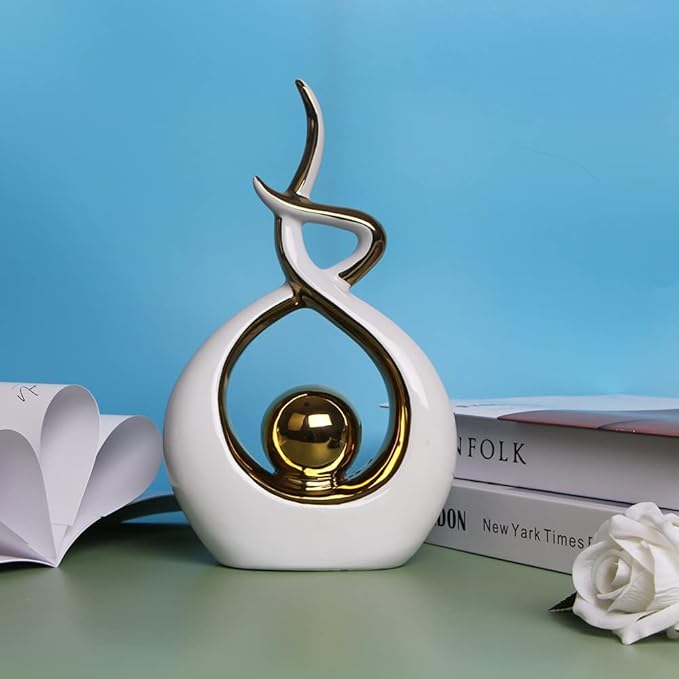 Norrclp Home Decor Modern Abstract Art Ceramic Statue Table Decorations for Dining Room Living Room Office Centerpiece (White and Gold, Small)