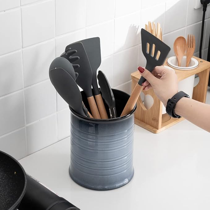 Nihow Kitchen Utensil Holder: 7.2 Inch Extra Large Ceramic Utensil Holder for Countertop - Stable Utensil Crock for Kitchen Counter Decor - Elegant Gray (1PC)