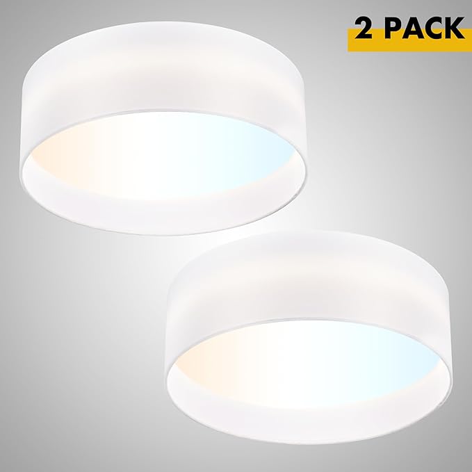 Hamilyeah Flush Mount Ceiling Light Set of 2, Drum Ceiling Light Fixtures with White Fabric Shade, 24W LED Light Fixtures Ceiling Mount 5CCT, Dimmable Close to Ceiling Light Fixtures for Bedroom