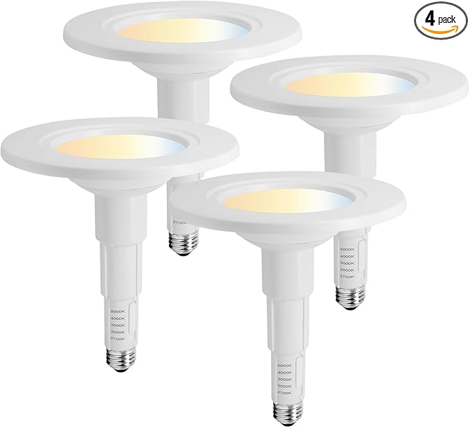 Jolux 5/6 Inch 5CCT Retrofit LED Recessed Lighting 4 Pack, Adjustable 5CCT 2700K-5000K, LED Replacement Can Lights,Dimmable,12=60W, E26 Base, Flat Trim,Easy Retrofit Downlight Installation.