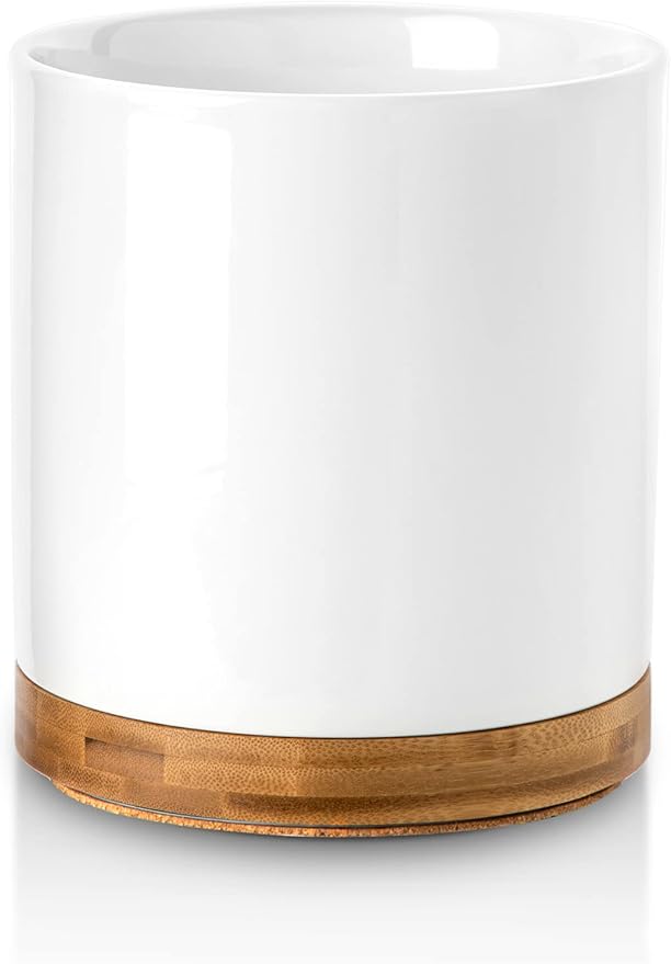 Nucookery 360° Rotating Utensil Holder, 7.2" Large Utensil Crock, White Ceramic Cooking Utensil Organizer with Countertop-Protection Cork Bottom for Farmhouse Kitchen Decor Christmas Gift (White)