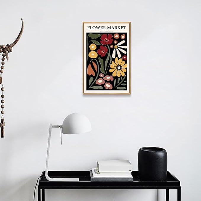 Gufro Framed Red & Yellow Flower Market Canvas Wall Art,Flower Wall Art, Flower Poster Vintage for Living Room Bedroom office Decoration-12''x16''Natural Framed