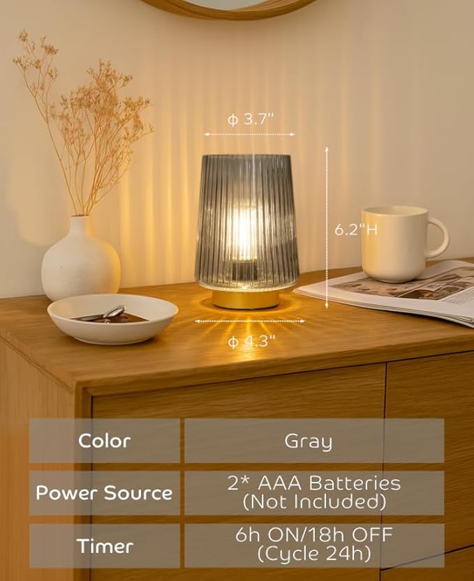 Battery Powered Lamp with Timer, Cordless Small Table Lamps Battery Operated with LED Bulb, Decorative Bedside Lamp for Living Room Grey 2Pack