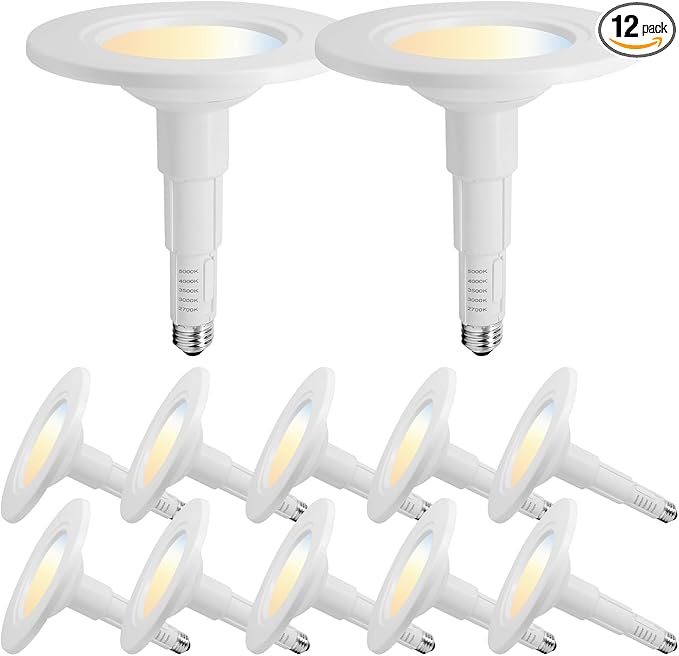 Jolux 5/6 Inch 5CCT Retrofit LED Recessed Lighting 12 Pack, Adjustable 5CCT 2700K-5000K, LED Replacement Can Lights,Dimmable,12=60W, E26 Base, Flat Trim,Easy Retrofit Downlight Installation.