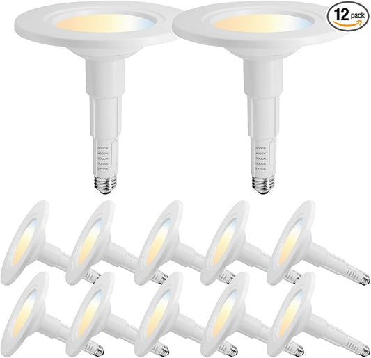 Jolux 5/6 Inch 5CCT Retrofit LED Recessed Lighting 12 Pack, Adjustable 5CCT 2700K-5000K, LED Replacement Can Lights,Dimmable,12=60W, E26 Base, Flat Trim,Easy Retrofit Downlight Installation.