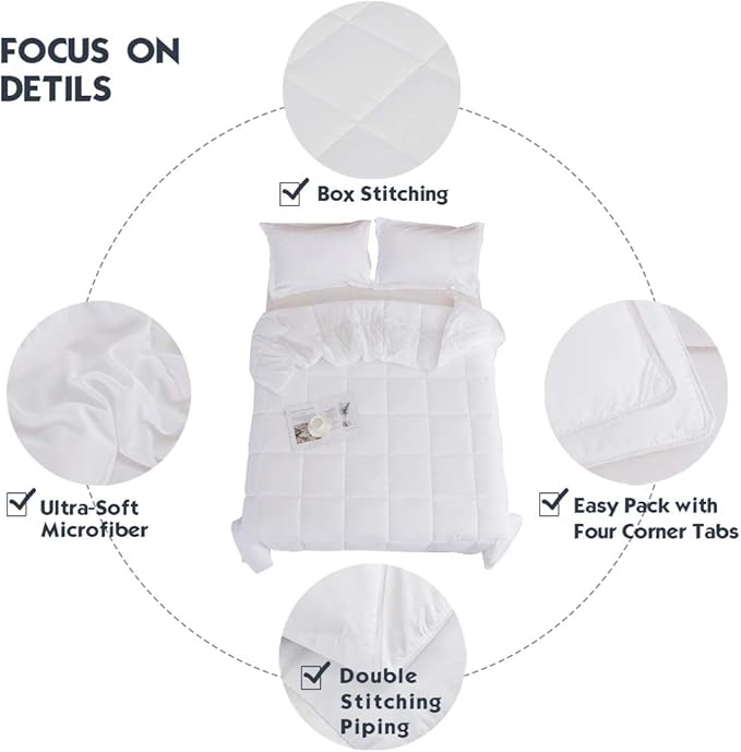 HIG 3pc Down Alternative Comforter Set - All Season Reversible Comforter with Two Shams - Quilted Duvet Insert with Corner Tabs -Box Stitched - Breathable, Soft, Fluffy (Full/Queen, Pure White)