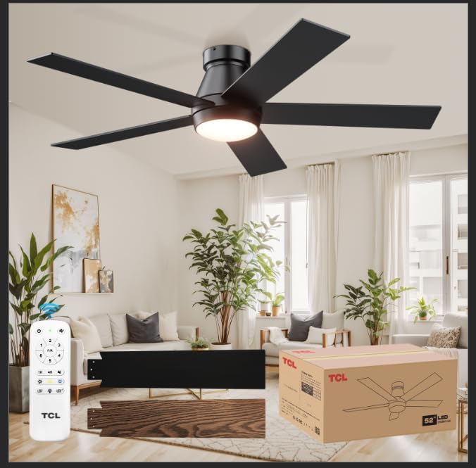 TCL 52" Ceiling Fan with Lights, Black Flush Mount Ceiling Fans with Remote Control, 6 Speeds DC Reversible, Dimmable, Noiseless, Low Profile Ceiling Fans for Bedroom