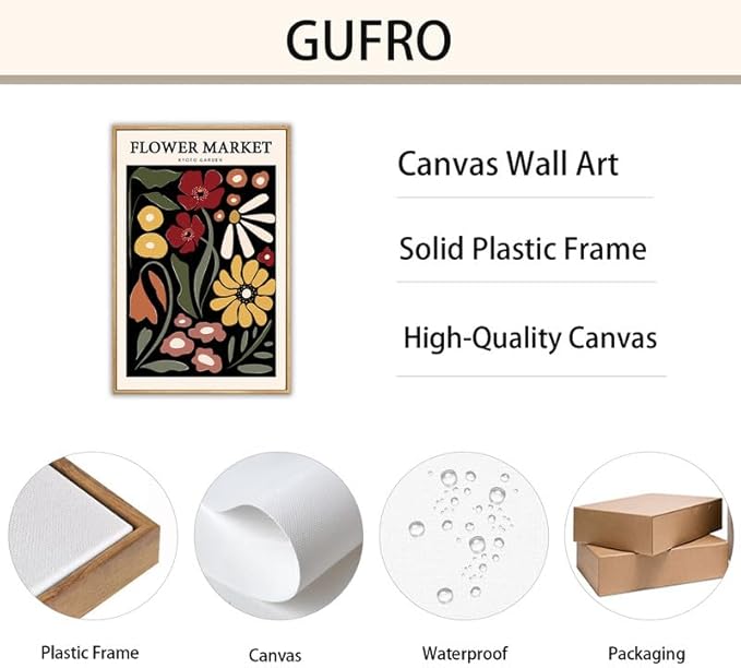 Gufro Framed Red & Yellow Flower Market Canvas Wall Art,Flower Wall Art, Flower Poster Vintage for Living Room Bedroom office Decoration-12''x16''Natural Framed