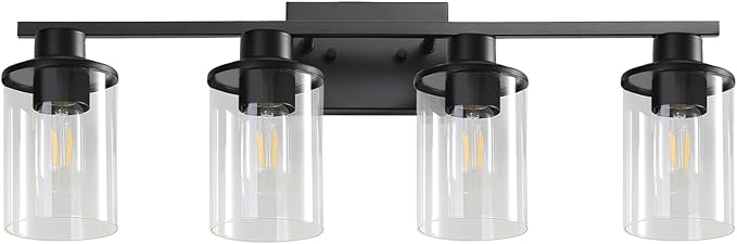 LOUSACE 4 Light Bathroom Vanity Light, Matte Black Bathroom Light Fixtures, Modern Bathroom Lights Over Mirror with Clear Glass Shade, Wall Sconce Lighting for Bedroom Living Room