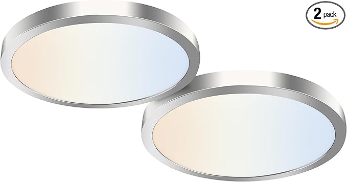 hykolity 2 Pack 12 Inch Selectable CCT LED Round Flat Panel Light, 24W 3000K/4000K/5000K, Edge-Lit Flush Mount Ceiling Light Fixture for Kitchen, Bedroom, Laundry and Closet Room,Brush Nickel