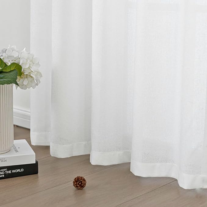 Off White Thick Linen Semi Sheer Pinch Pleated Curtains 84 Inches Long, 50 Inches Width, Elegant Light Filtering Drapes Set of 2, Window Curtain with Hooks