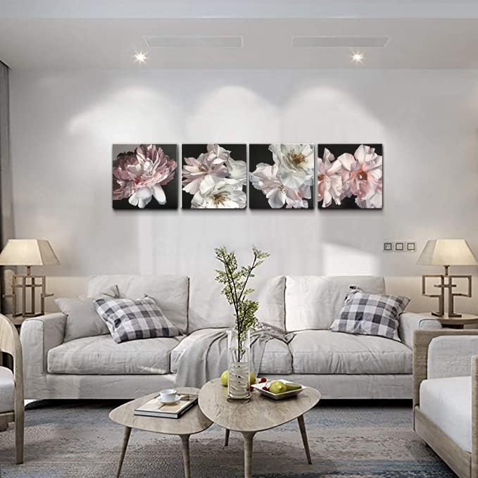 Yxbhhym Floral Canvas Wall Art White Flowers Wall Picturs Prints Pink Florals Artwork for Wall Dรฉcor Painting Poster for Bathroom Art Living Room Decor-Framed Wall Art -12x12inches x 4 pcs