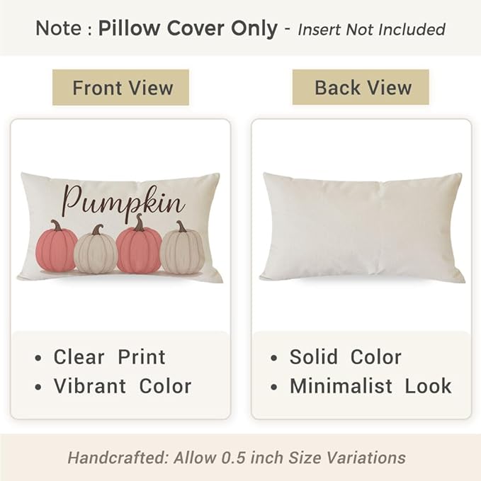 PANDICORN Fall Throw Pillow Covers 12x20, Blush Pink Pumpkin Fall Decorations for Home Decor, Thanksgiving Autumn Lumbar Decorative Cushion Case for Living Room Bedroom Sofa Couch