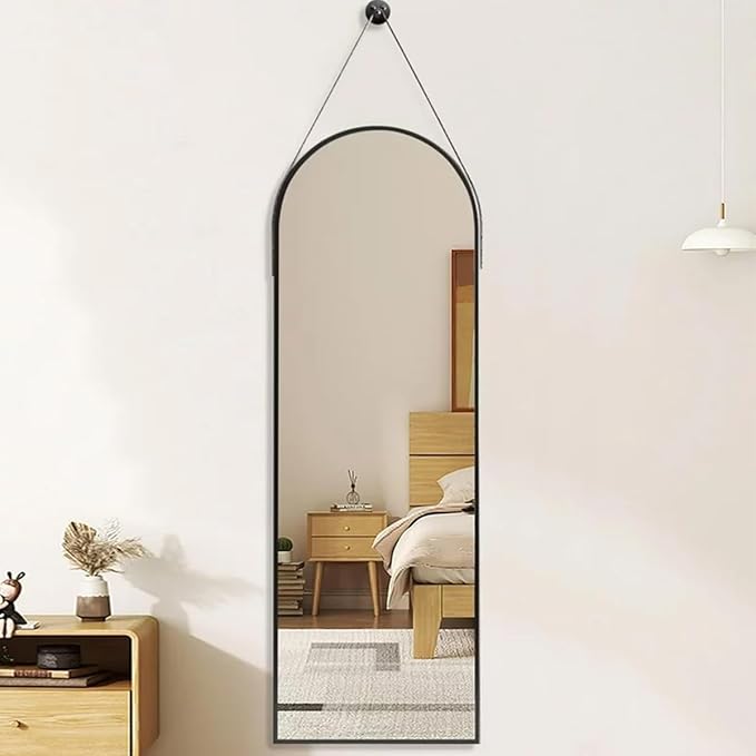 16"x48" Hanging Mirror with Leather Strap,Arched Full Length Mirror with Aluminum Frame Wall-Mounted Hanging Mirrors for Bathroom Vanity Living Room Bedroom Entryway Décor, Black