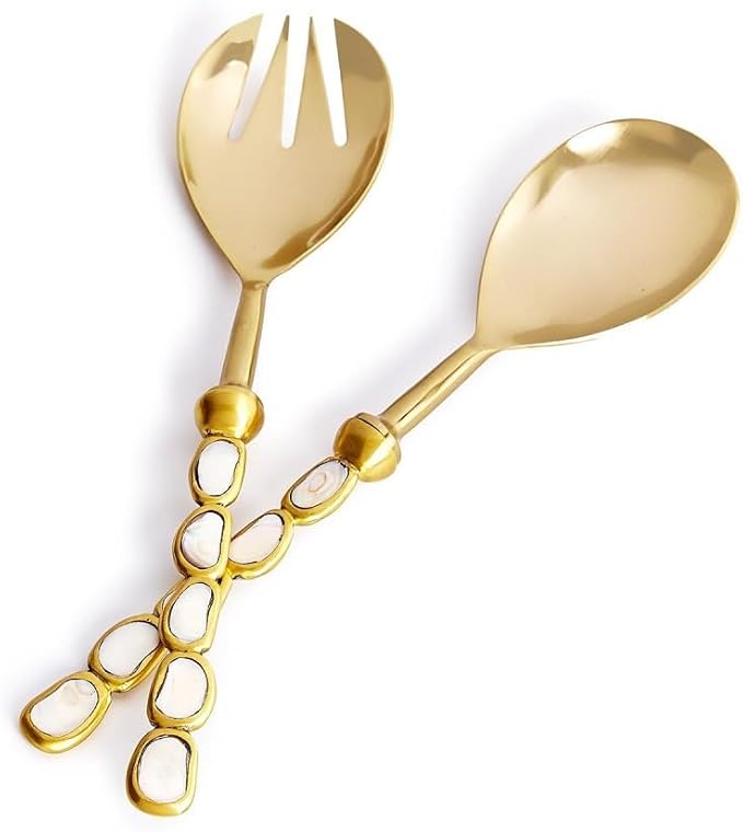 Two's Company Keshi Mother of Pearl Server Set, 11-inches Height, Stainless Steel, Gold, Set of 2, Gift Box, Home Décor