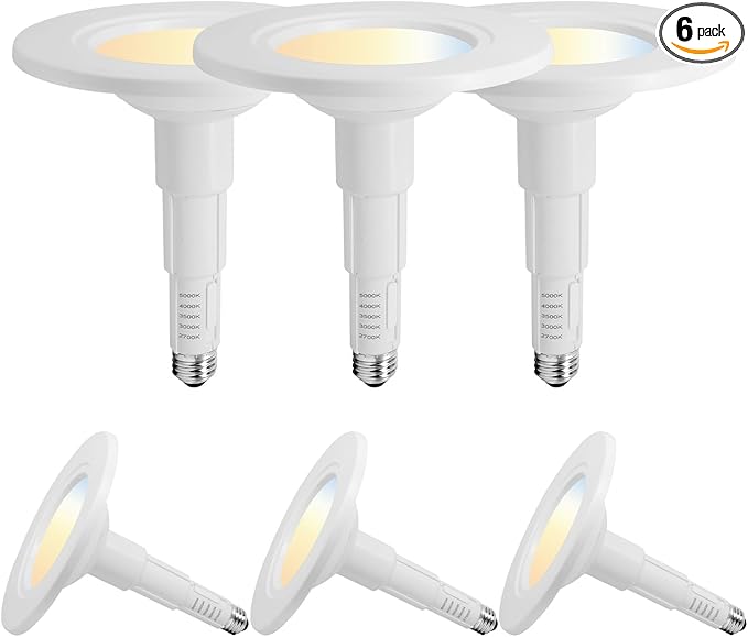 Jolux 5/6 Inch 5CCT Retrofit LED Recessed Lighting 6 Pack, Adjustable 5CCT 2700K-5000K, LED Replacement Can Lights,Dimmable,12=60W, E26 Base, Flat Trim,Easy Retrofit Downlight Installation.