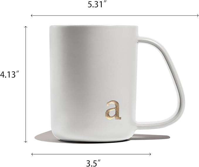 COLLECTIVE HOME - Ergonomic Handle Ceramic Mug, 15 oz Personalized Coffee Cup with Golden Initial, Microwave & Dishwasher Safe, Elegant Monogram Tea Mug in Gift Box for Home & Office (White-a)