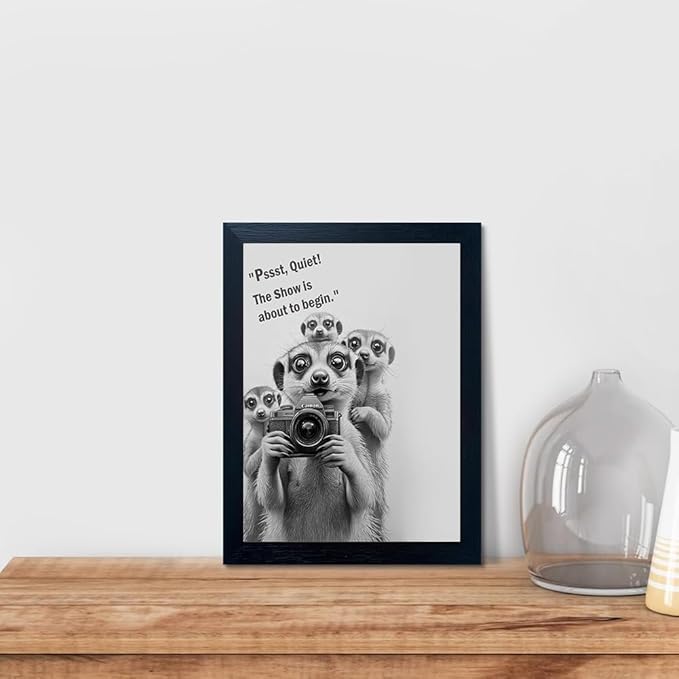 Orvannaatr Frame Bathroom Wall Art, Black and White Meerkat Canvas Wall Art Meerkat Painting with Camera - for Toilet Bathroom Animal Art 16"x 20"
