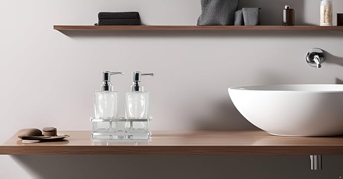 Square Glass Clear Lotion and Soap Pump Dispenser Set with Metal Stand Caddy for Bathroom Bath Kitchen Home Office Travel Hotel Hand Crafted Heavy Weight Chrome